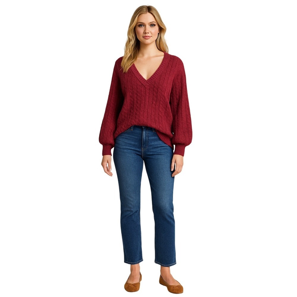 Faherty Aria Baby Alpaca Red V-Neck Sweater M Cozy Winter Knit Preppy Academia